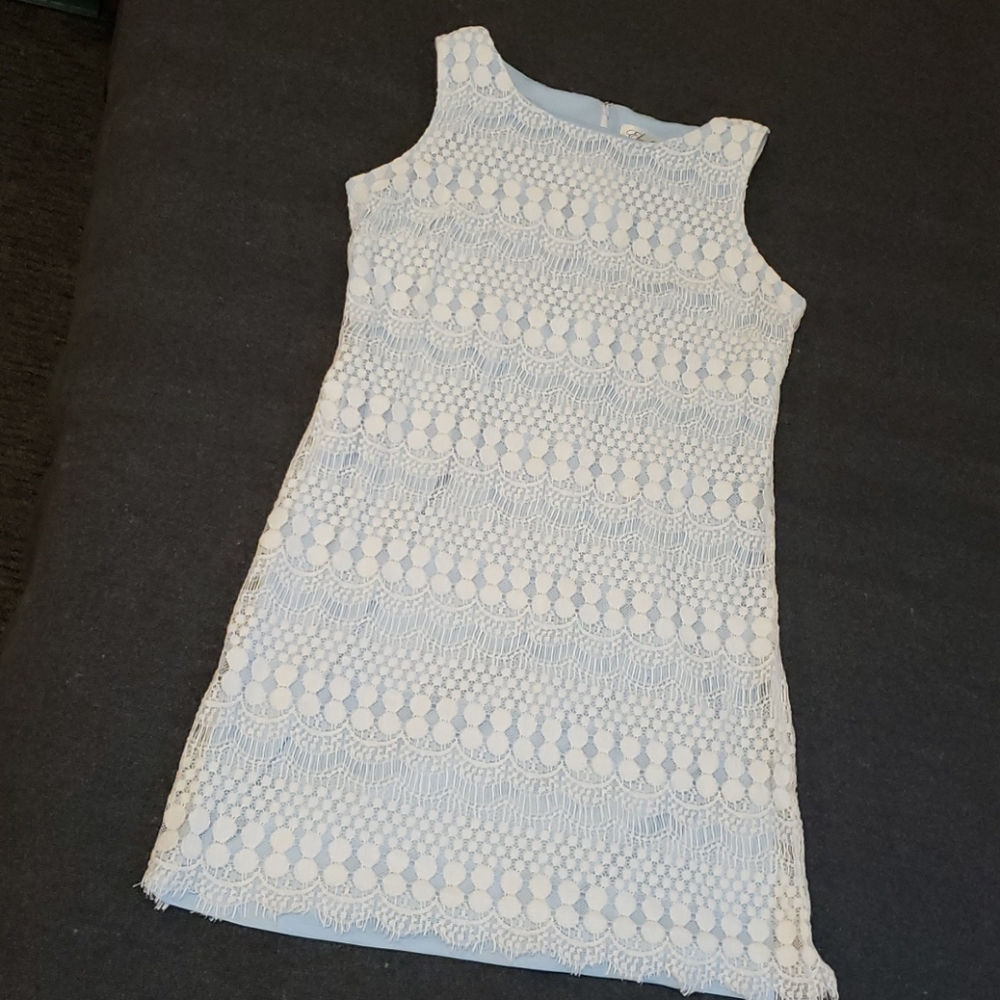 Vintage Eliza J Midi Dress Lace Overlay Sleeveless Light Blue White Women's 12